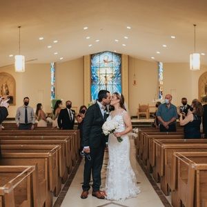 Lace detailed, illusion neckline wedding dress